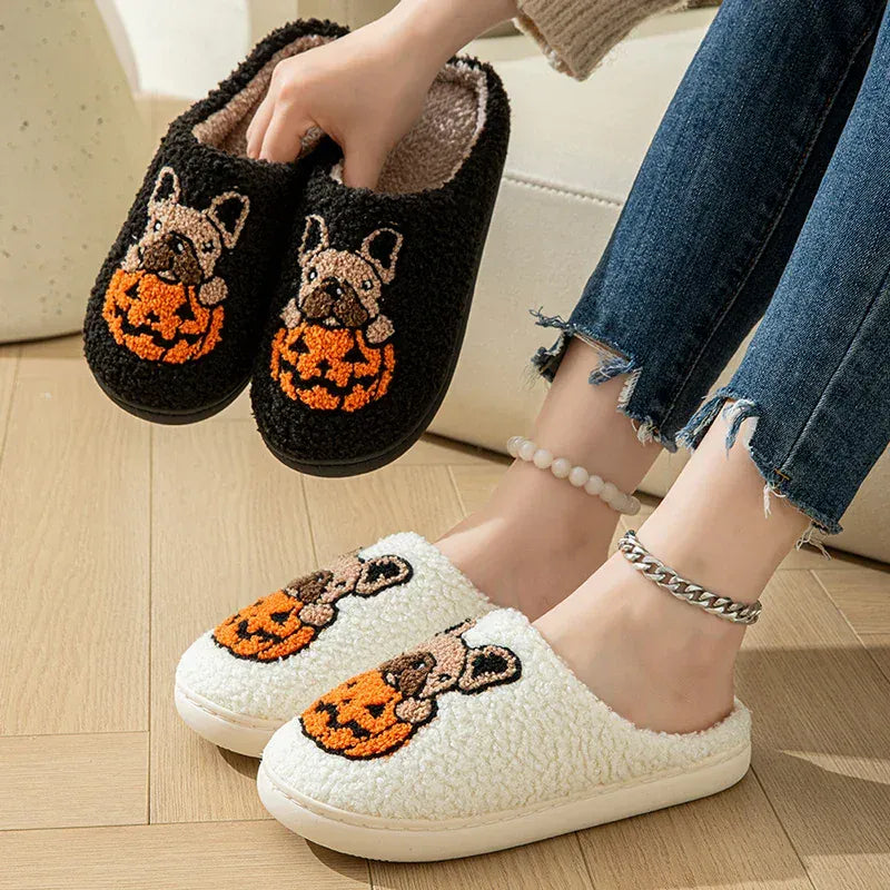 KissICON Halloween Pumpkin Warm Women's Slippers Winter Non-Slip Flat