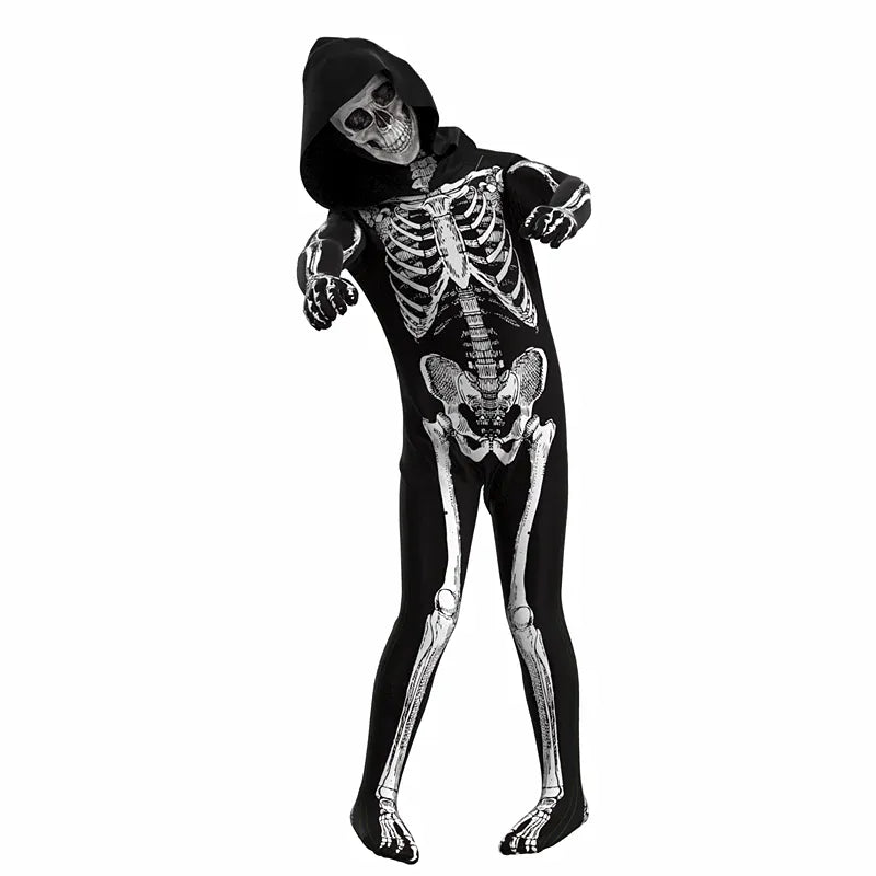 KissICON Halloween Skull Costume enfant Unisex Terror Dress Up Hooded Game Cosplay Holiday Stage Performance Gift Outfits