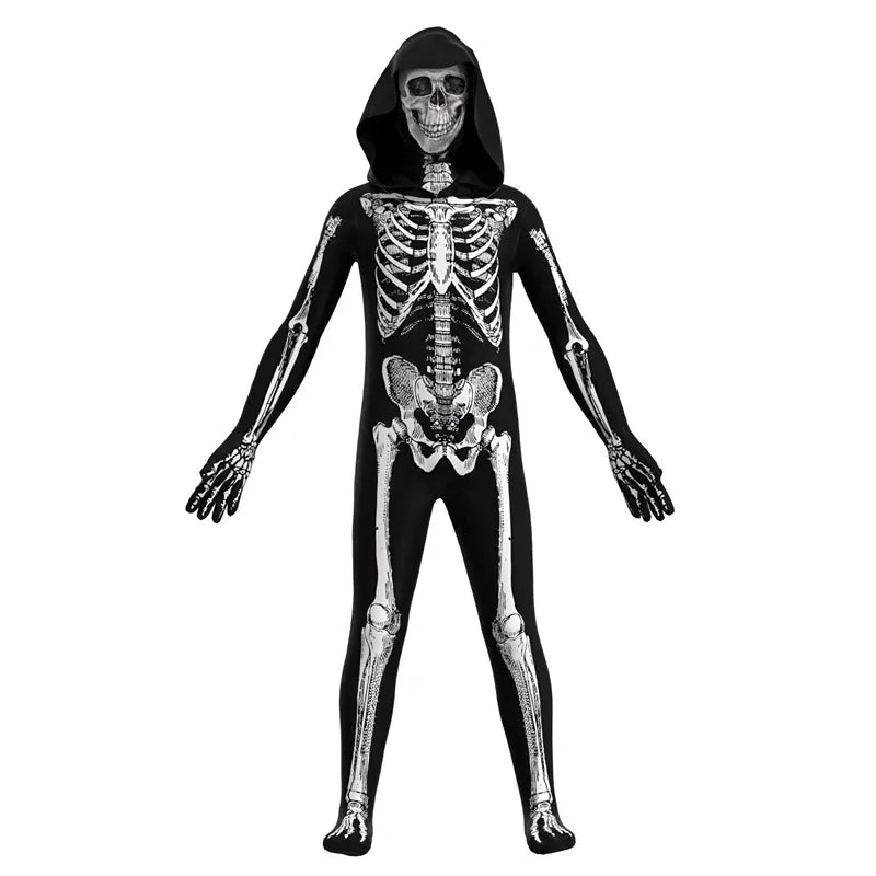 KissICON Halloween Skull Costume enfant Unisex Terror Dress Up Hooded Game Cosplay Holiday Stage Performance Gift Outfits