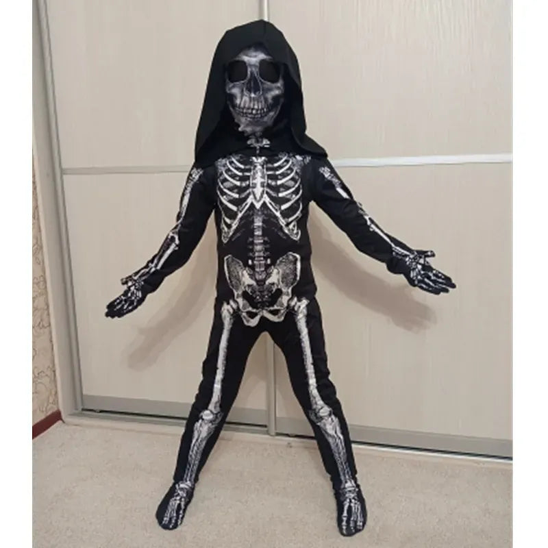 KissICON Halloween Skull Costume enfant Unisex Terror Dress Up Hooded Game Cosplay Holiday Stage Performance Gift Outfits