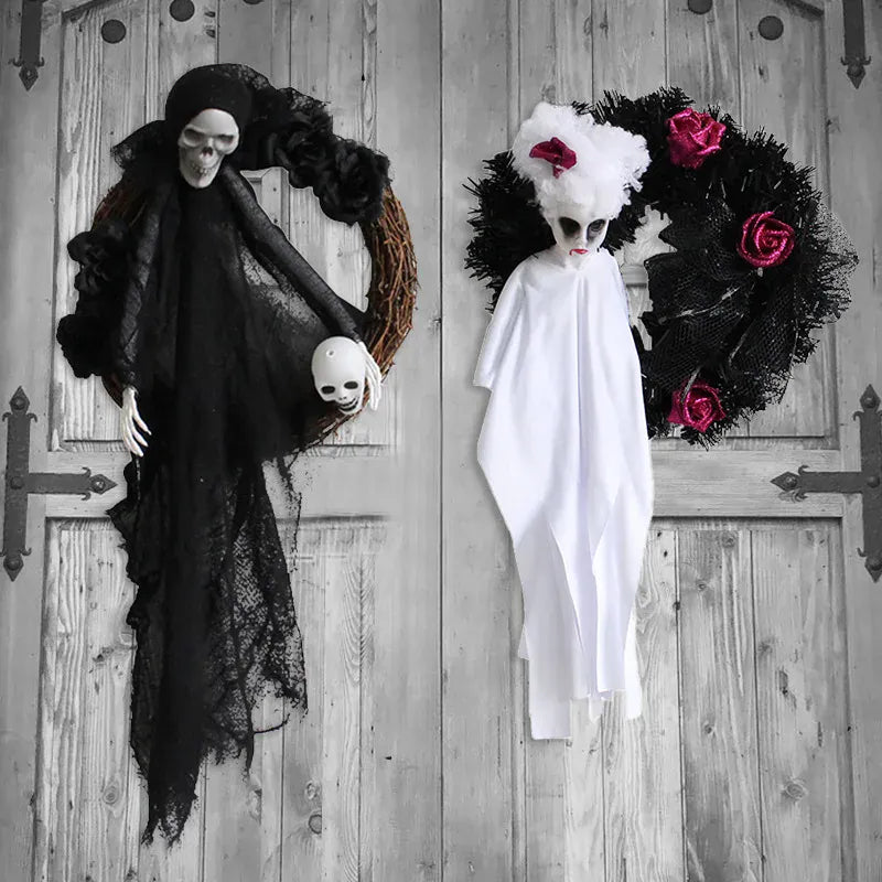 KissICON Halloween White Ghost Door Decorations Festival Horror Party Wreath Pendant Haunted House Decoration and Arrangement Props