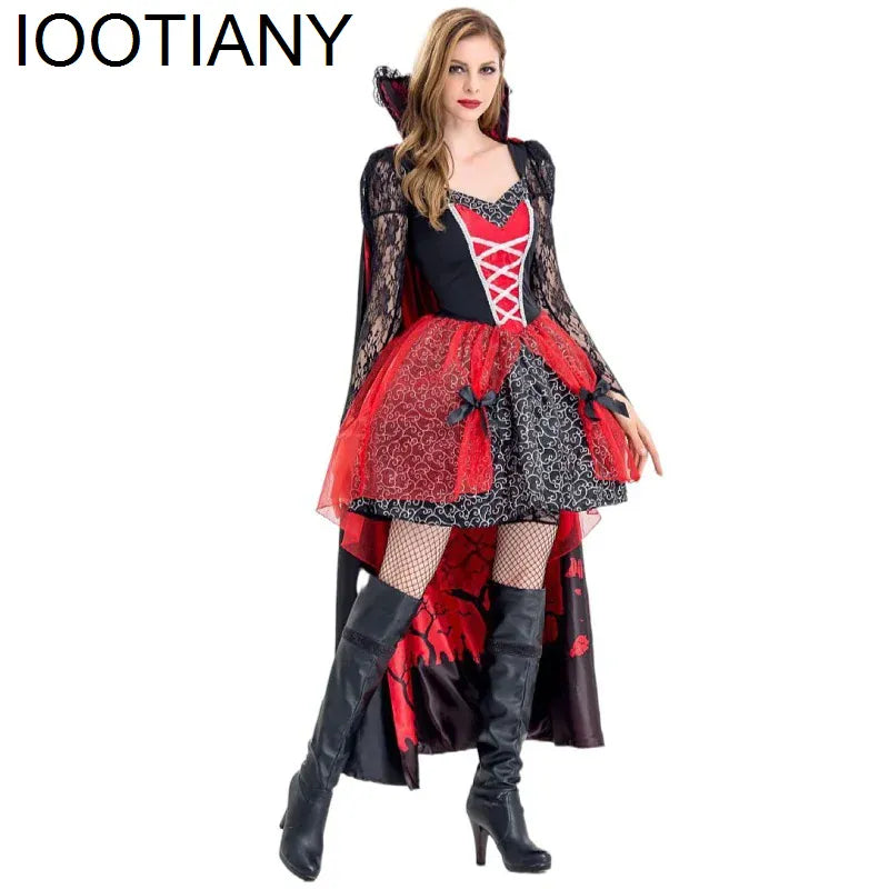 KissICON Halloween Witch Costume Makeup Ball Vampire Zombie Costumes Devil Queen Cosplay Costumes Red Dress and Cape Two Piece Set