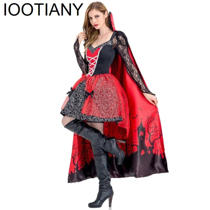 KissICON Halloween Witch Costume Makeup Ball Vampire Zombie Costumes Devil Queen Cosplay Costumes Red Dress and Cape Two Piece Set