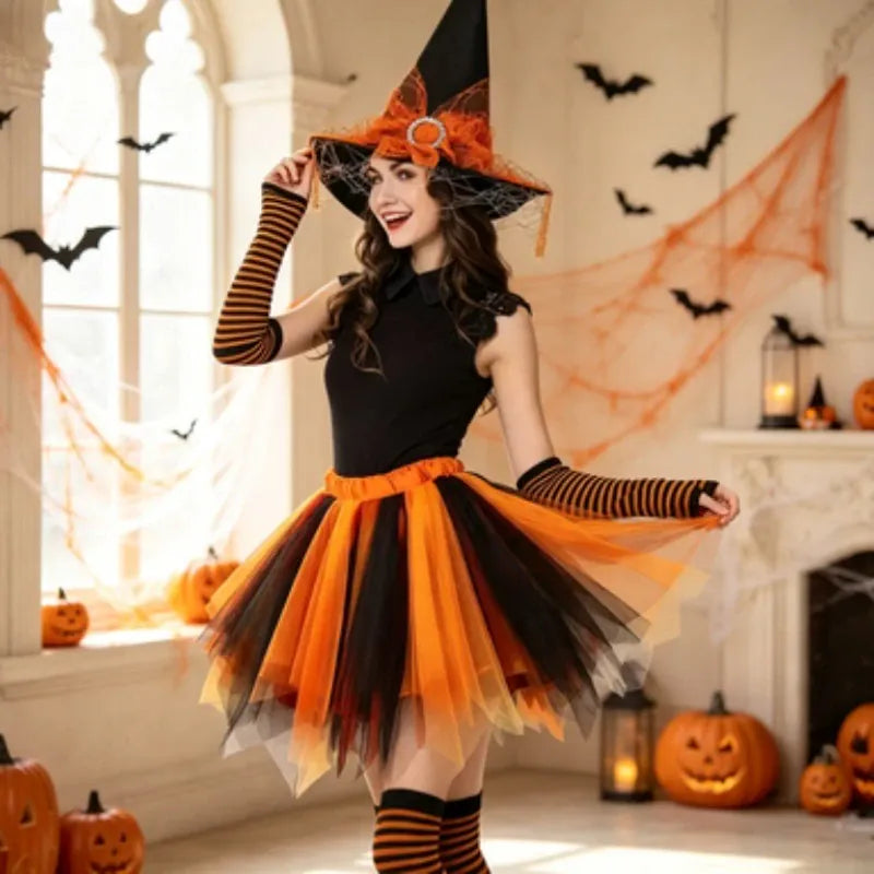 KissICON Halloween Witch Costume Set Witch Hat Striped Tights Tutu Skirt Party Fancy Dress Outfit for Holiday Cosplay Dress Up