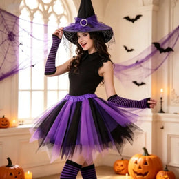 KissICON Halloween Witch Costume Set Witch Hat Striped Tights Tutu Skirt Party Fancy Dress Outfit for Holiday Cosplay Dress Up