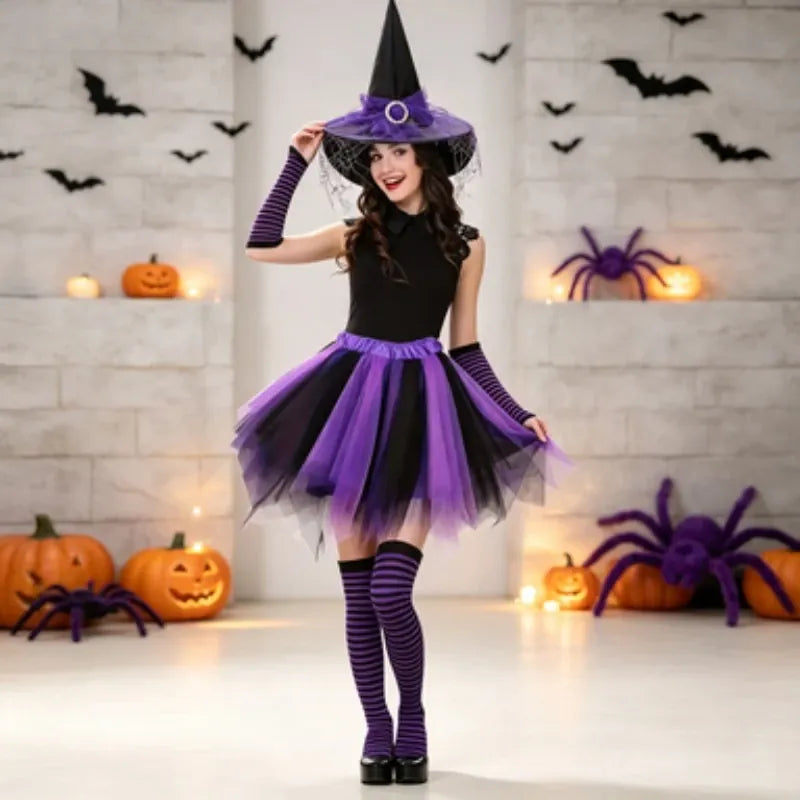 KissICON Halloween Witch Costume Set Witch Hat Striped Tights Tutu Skirt Party Fancy Dress Outfit for Holiday Cosplay Dress Up