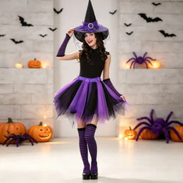 KissICON Halloween Witch Costume Set Witch Hat Striped Tights Tutu Skirt Party Fancy Dress Outfit for Holiday Cosplay Dress Up