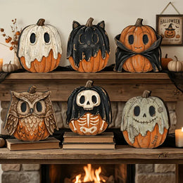 KissICON Halloween Wooden Blocks: ghosts, black cats, pumpkins, skulls, witches, owls, zombies, vampires.Shelf decor for autumn indoor ﻿