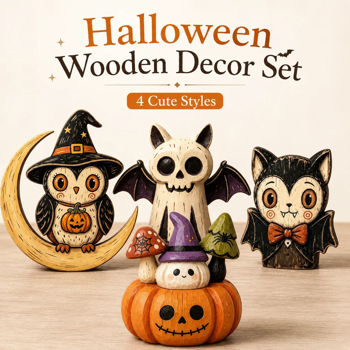KissICON Halloween Wooden Tabletop Decor, Hand-Painted Owl Ghost Pumpkin & Vampire Cat Figurines for Shelf Mantel Party Decoration