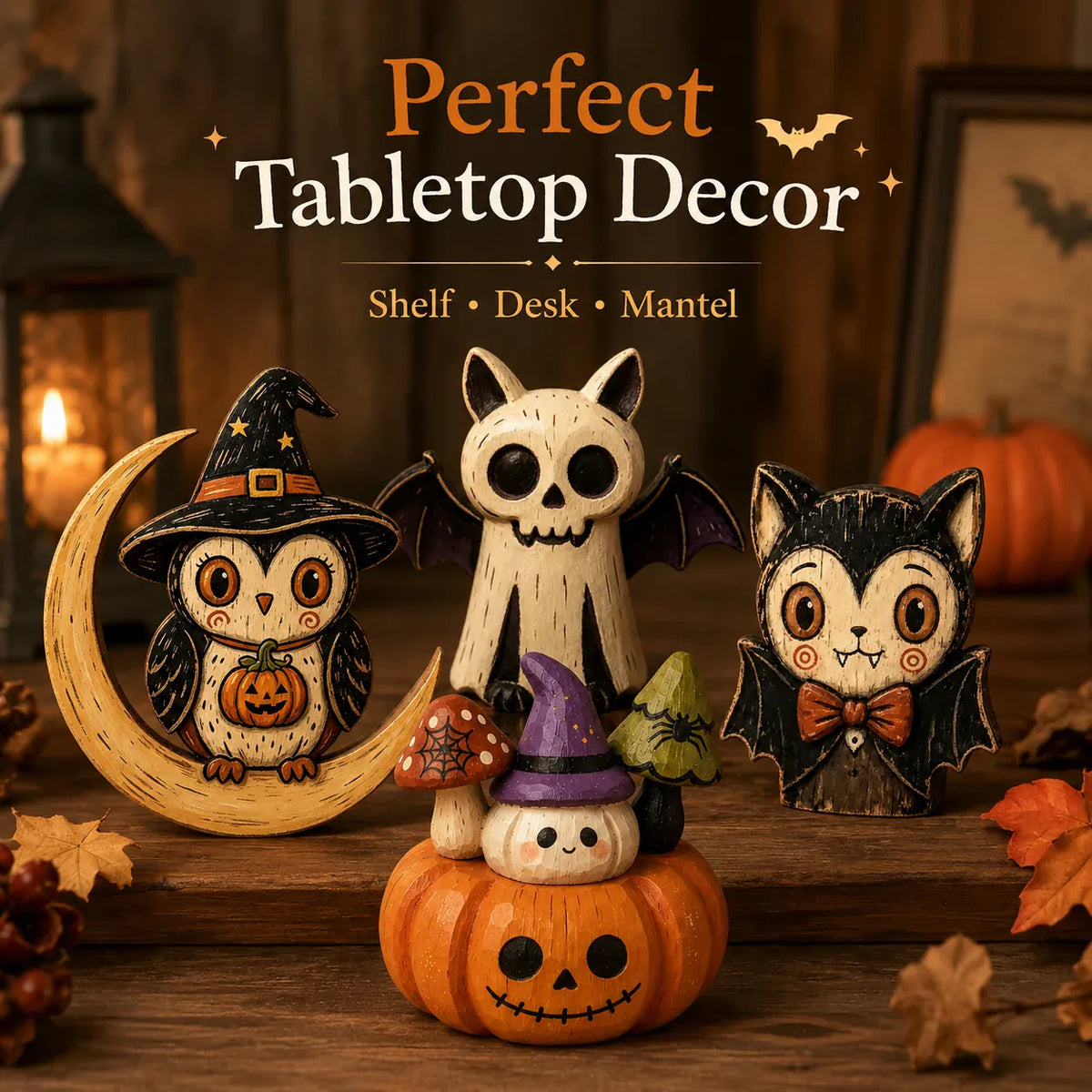 KissICON Halloween Wooden Tabletop Decor, Hand-Painted Owl Ghost Pumpkin & Vampire Cat Figurines for Shelf Mantel Party Decoration