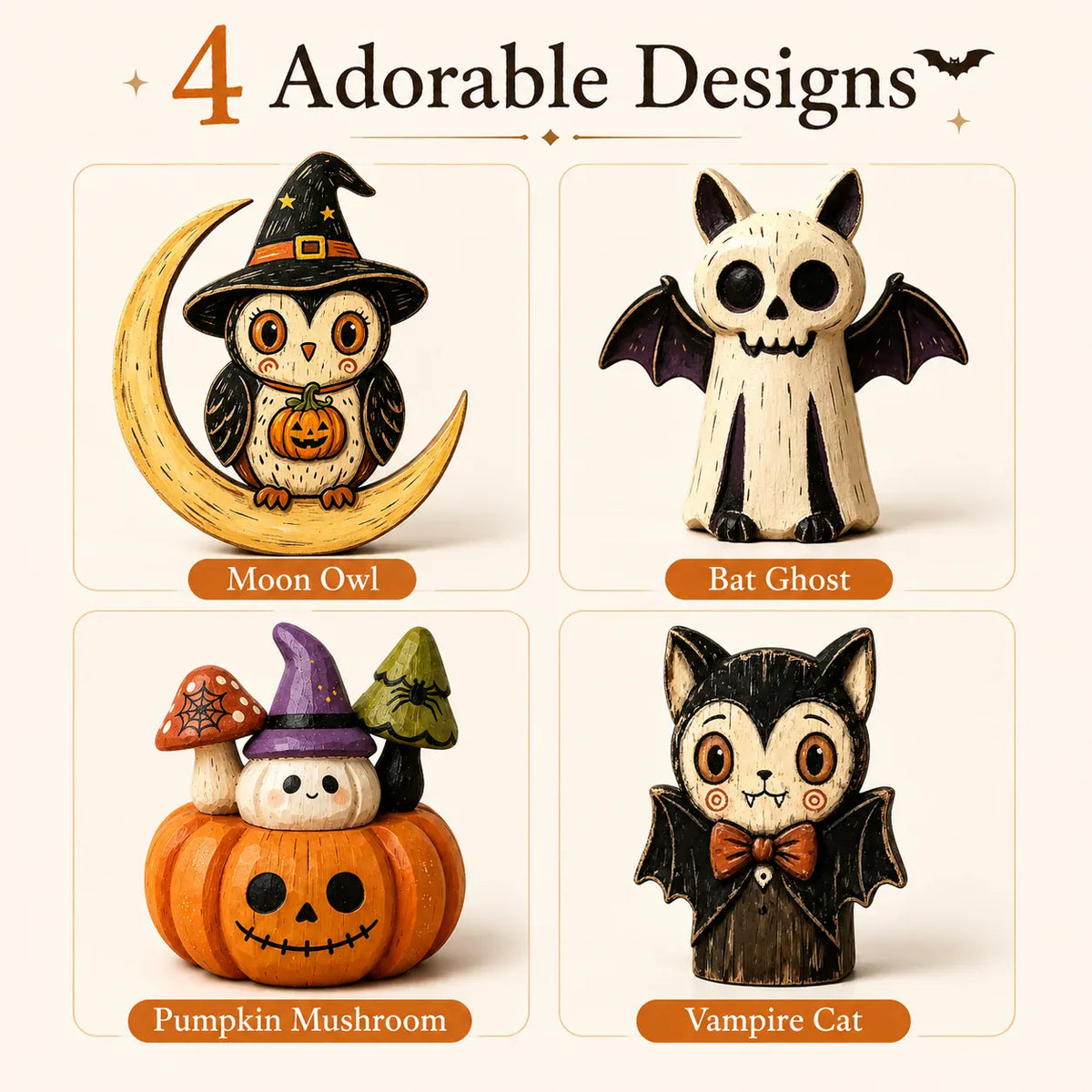 KissICON Halloween Wooden Tabletop Decor, Hand-Painted Owl Ghost Pumpkin & Vampire Cat Figurines for Shelf Mantel Party Decoration