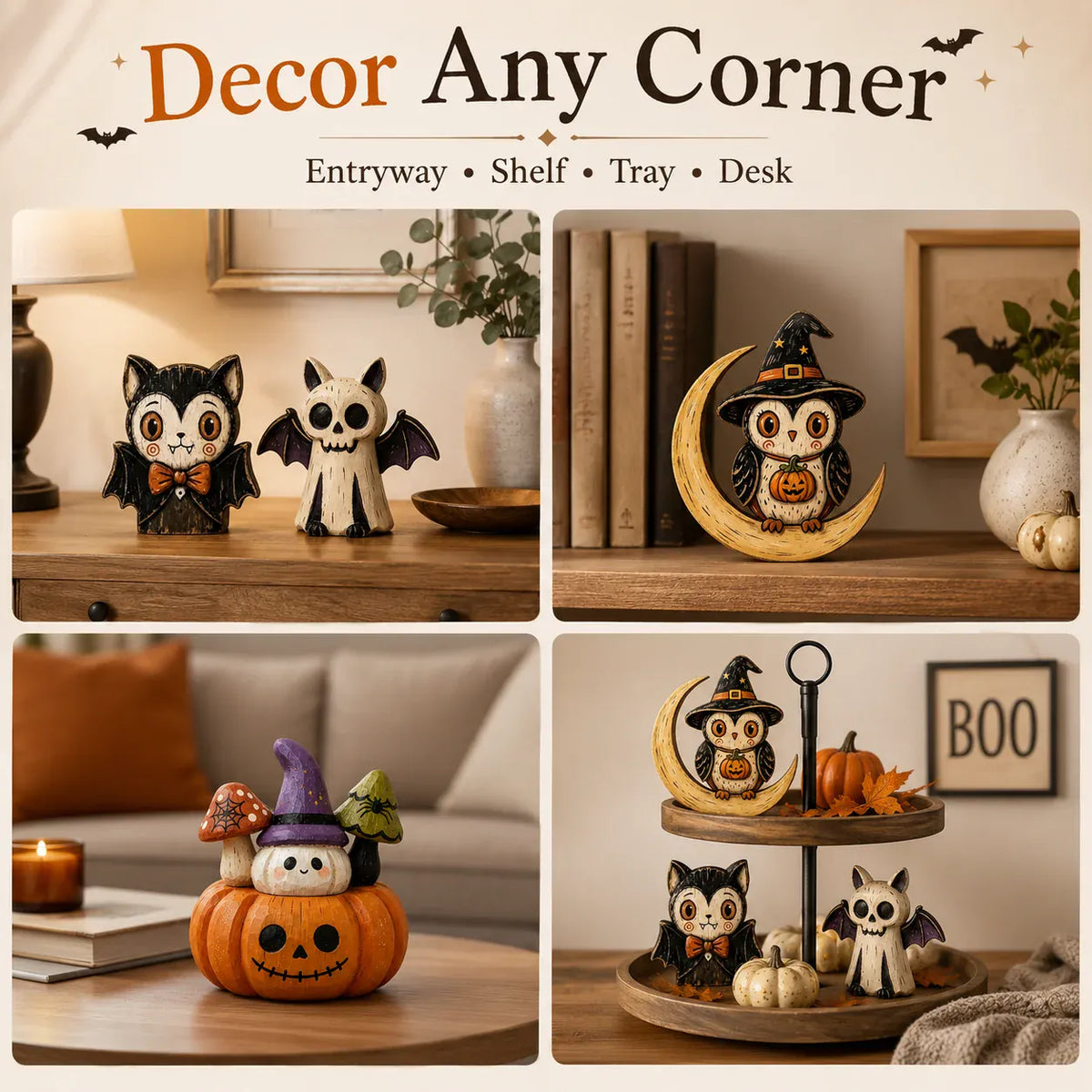 KissICON Halloween Wooden Tabletop Decor, Hand-Painted Owl Ghost Pumpkin & Vampire Cat Figurines for Shelf Mantel Party Decoration