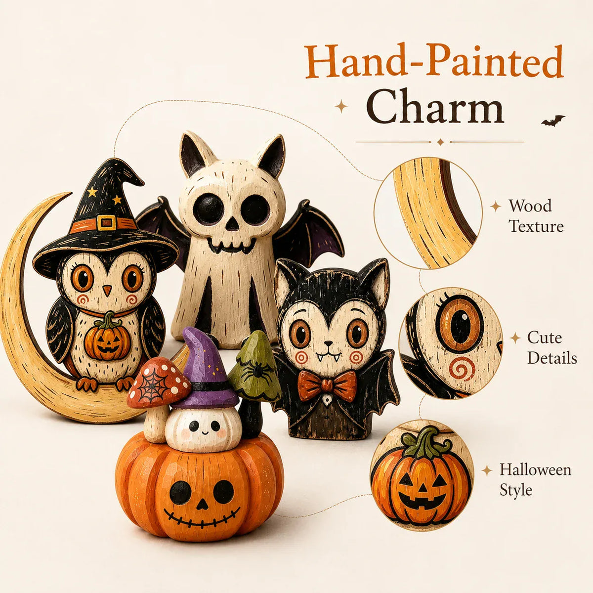 KissICON Halloween Wooden Tabletop Decor, Hand-Painted Owl Ghost Pumpkin & Vampire Cat Figurines for Shelf Mantel Party Decoration