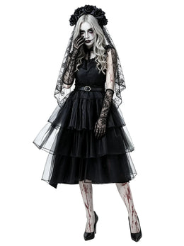 KissICON Halloween Zombie Costume Black Lace Ghost Bride Dress Scary Gothic Corpse Bride Outfit for Carnival Party Cosplay