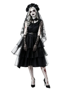 KissICON Halloween Zombie Costume Black Lace Ghost Bride Dress Scary Gothic Corpse Bride Outfit for Carnival Party Cosplay