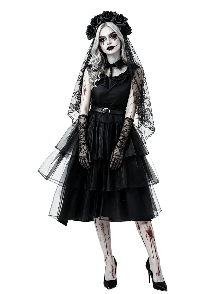Halloween Zombie Costume Black Lace Ghost Bride Dress Scary Gothic Corpse Bride Outfit for Carnival Party Cosplay
