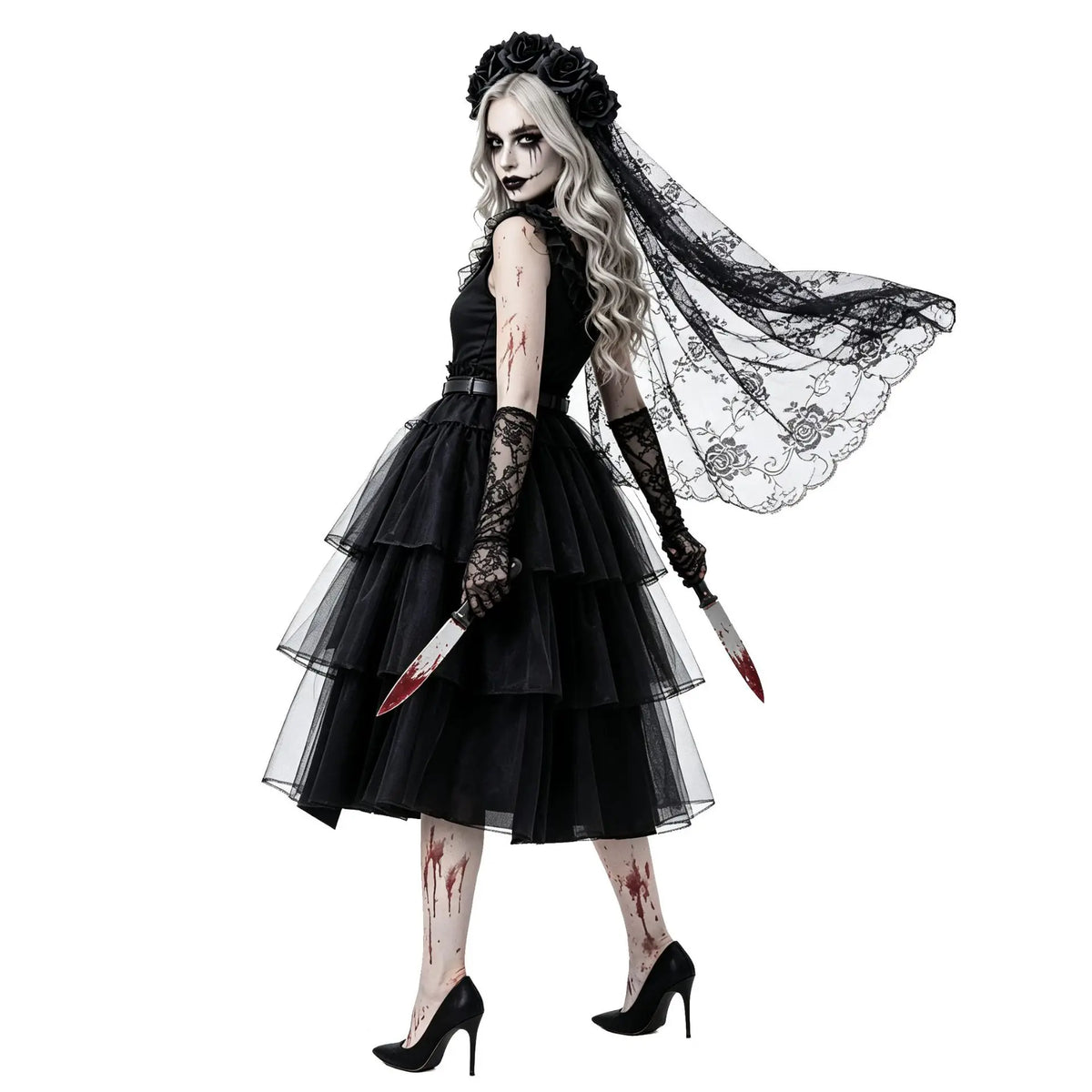 KissICON Halloween Zombie Costume Black Lace Ghost Bride Dress Scary Gothic Corpse Bride Outfit for Carnival Party Cosplay
