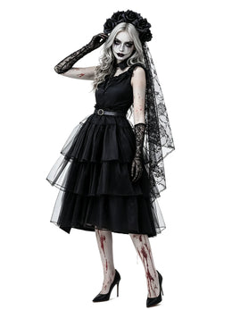 KissICON Halloween Zombie Costume Black Lace Ghost Bride Dress Scary Gothic Corpse Bride Outfit for Carnival Party Cosplay
