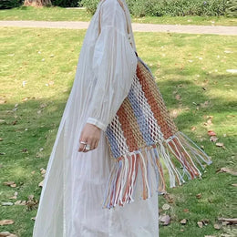 KissICON Hand-woven Cotton Thread Ethnic Hollow Shoulder Tote
