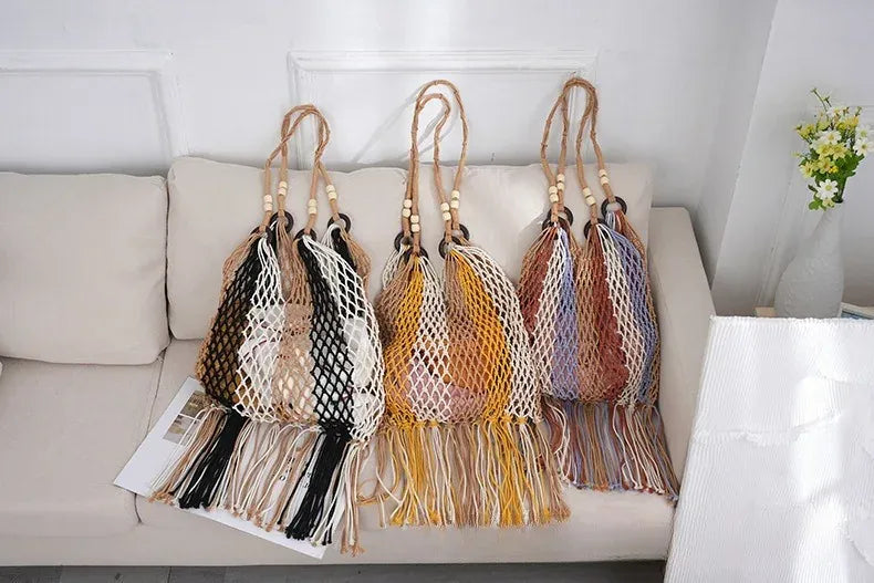 KissICON Hand-woven Cotton Thread Ethnic Hollow Shoulder Tote