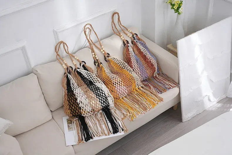 KissICON Hand-woven Cotton Thread Ethnic Hollow Shoulder Tote