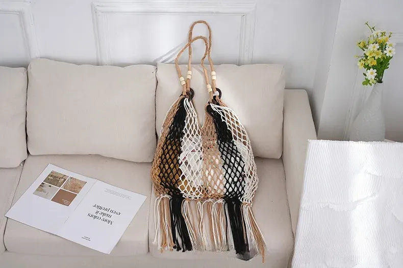 KissICON Hand-woven Cotton Thread Ethnic Hollow Shoulder Tote
