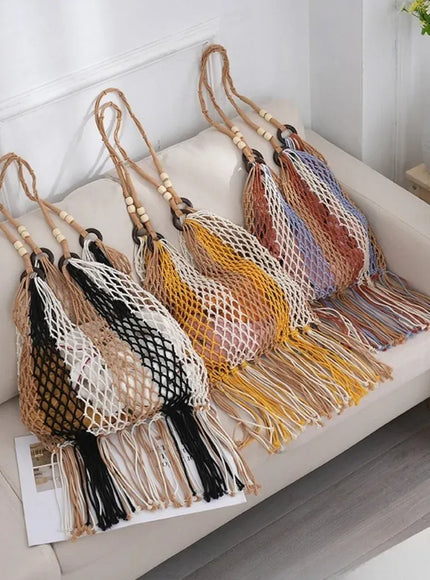 KissICON Hand-woven Cotton Thread Ethnic Hollow Shoulder Tote
