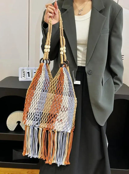 KissICON Hand-woven Cotton Thread Ethnic Hollow Shoulder Tote
