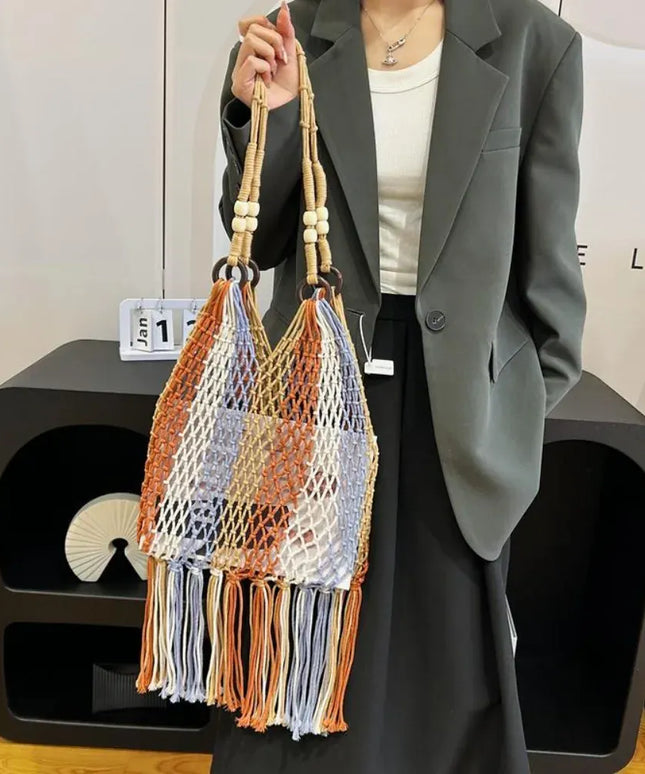 KissICON Hand-woven Cotton Thread Ethnic Hollow Shoulder Tote