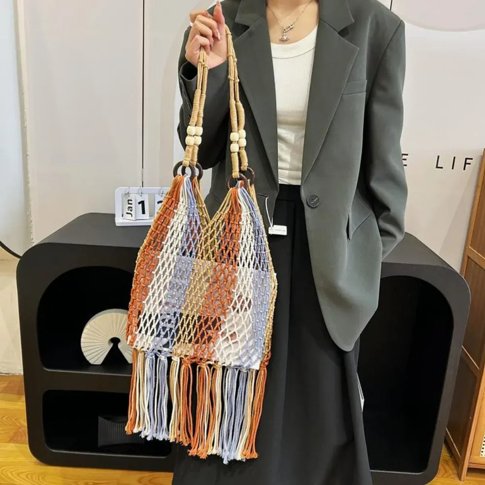 KissICON Hand-woven Cotton Thread Ethnic Hollow Shoulder Tote