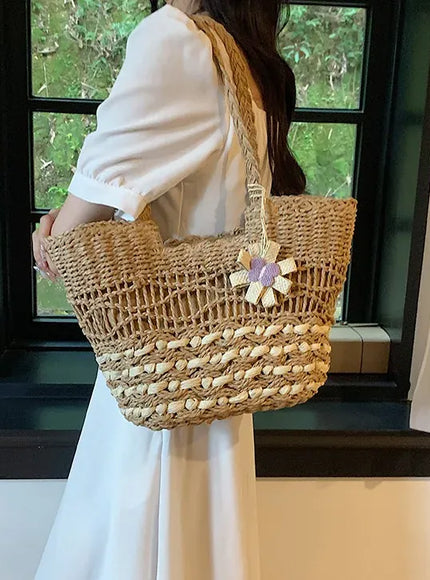 KissICON Hand-woven Straw Shoulder Large-capacity Tote