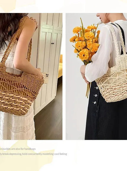 KissICON Hand-woven Straw Shoulder Large-capacity Tote