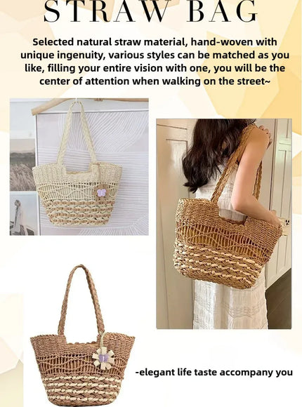 KissICON Hand-woven Straw Shoulder Large-capacity Tote