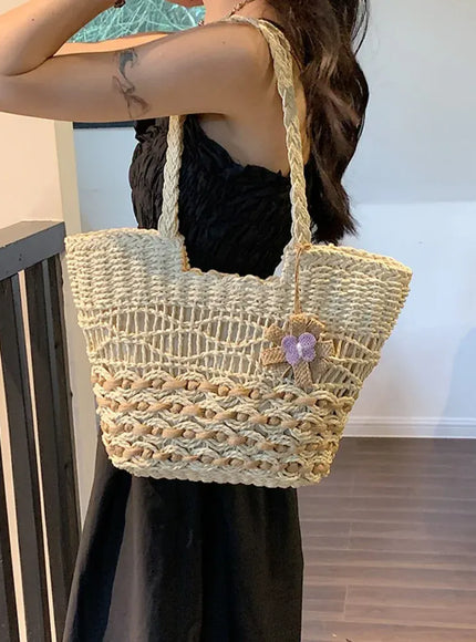 KissICON Hand-woven Straw Shoulder Large-capacity Tote