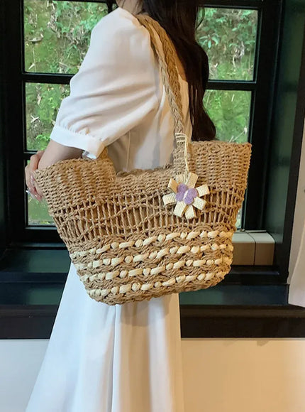 KissICON Hand-woven Straw Shoulder Large-capacity Tote