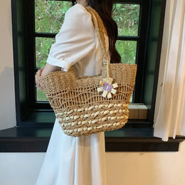 KissICON Hand-woven Straw Shoulder Large-capacity Tote
