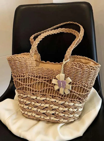 KissICON Hand-woven Straw Shoulder Large-capacity Tote