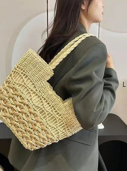 KissICON Hand-woven Straw Shoulder Large-capacity Tote