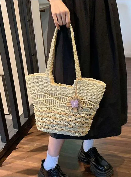 KissICON Hand-woven Straw Shoulder Large-capacity Tote