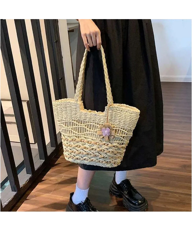 KissICON Hand-woven Straw Shoulder Large-capacity Tote