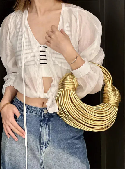 KissICON Handbags In Gold Designer Brand Handwoven Noodle