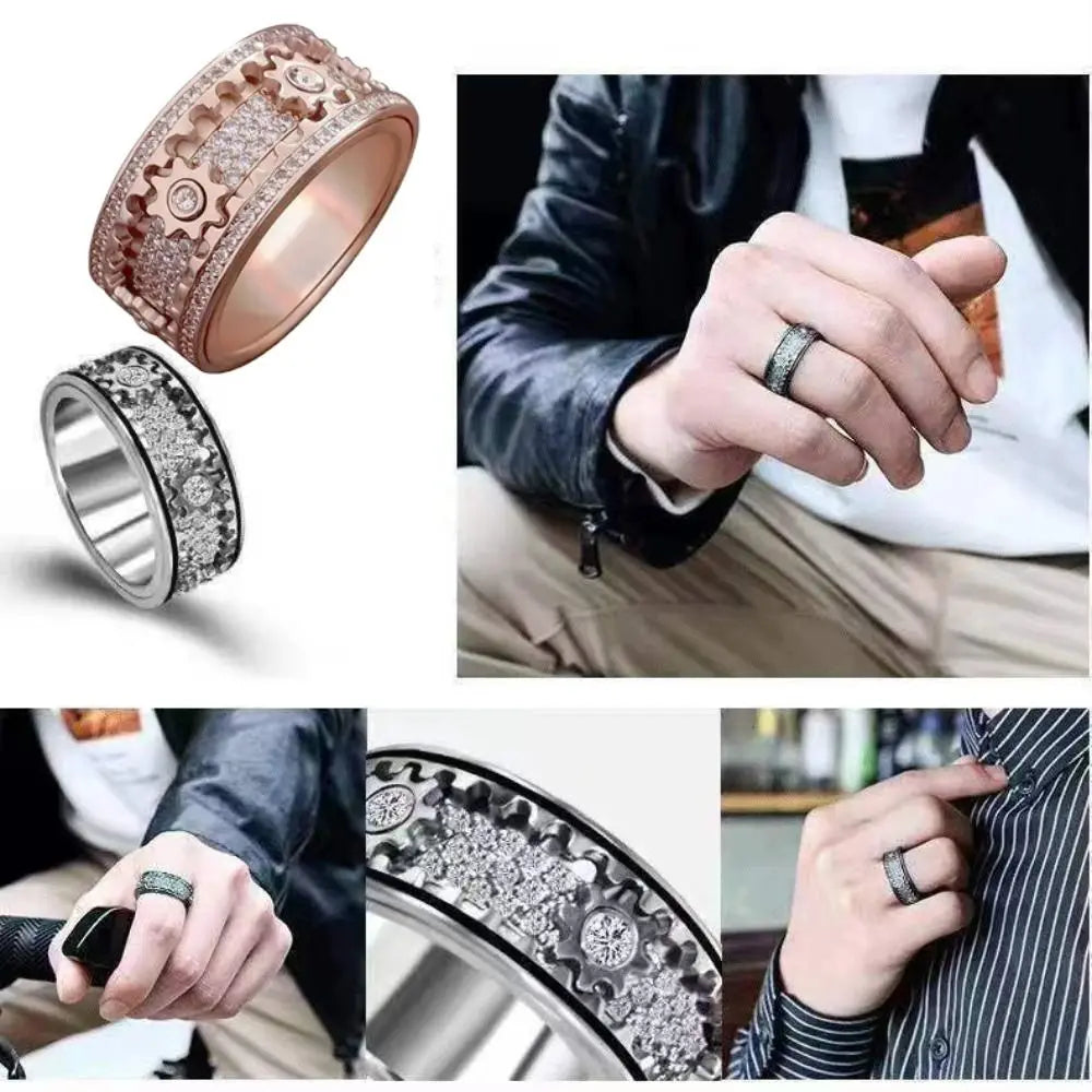 KissICON Handmade Diamond Ornate Geometric 3D Band Ring Gear Spinner Rings Rotating Mechanical Decompression Anxiety Ring for Women Men