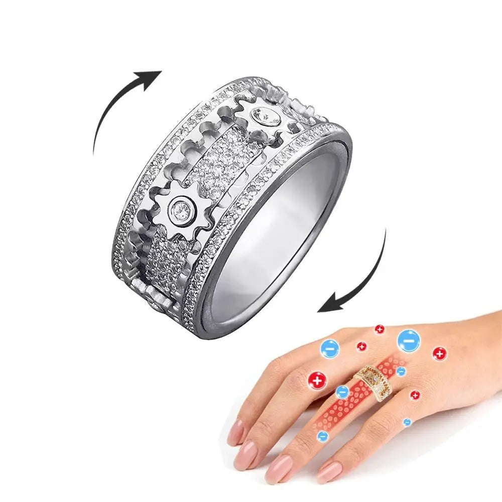 KissICON Handmade Diamond Ornate Geometric 3D Band Ring Gear Spinner Rings Rotating Mechanical Decompression Anxiety Ring for Women Men