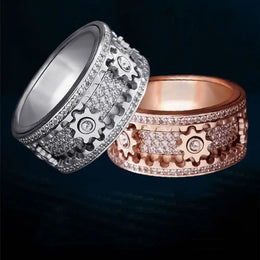 KissICON Handmade Diamond Ornate Geometric 3D Band Ring Gear Spinner Rings Rotating Mechanical Decompression Anxiety Ring for Women Men