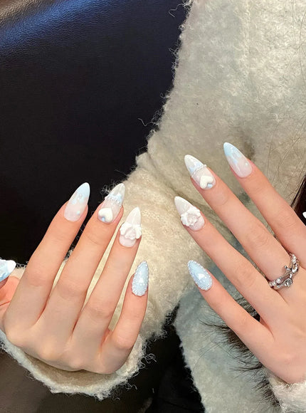 KissICON Handmade Press on Nails Light Blue Cute Bear