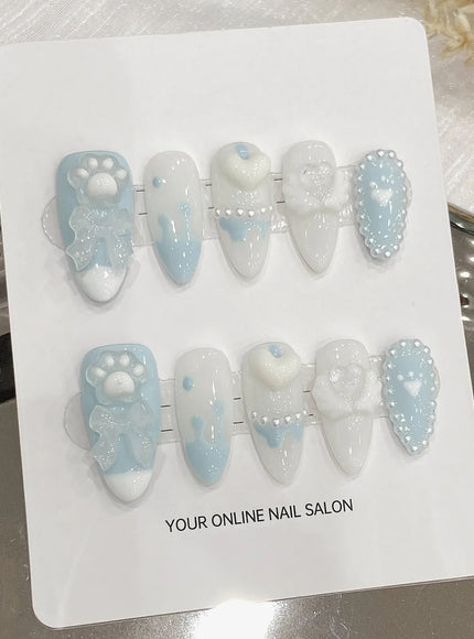 KissICON Handmade Press on Nails Light Blue Cute Bear
