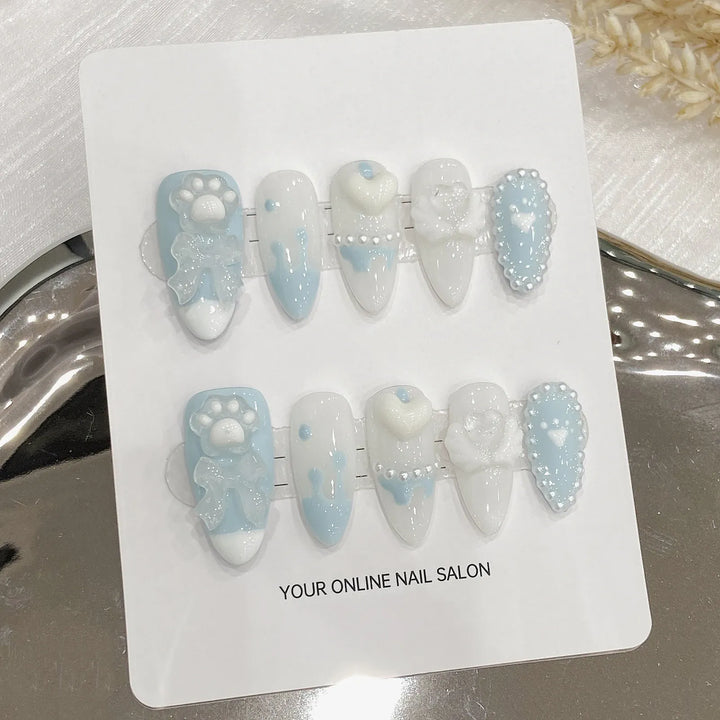 Handmade Press on Nails Light Blue Cute Bear
