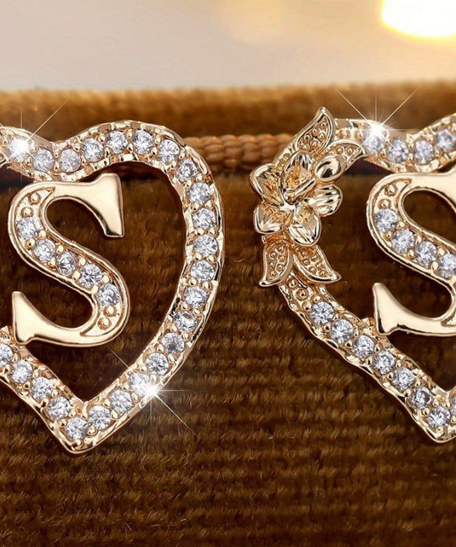 jkthpu-45 Heart Initial Flower Earrings - April Birthstone Name Studs