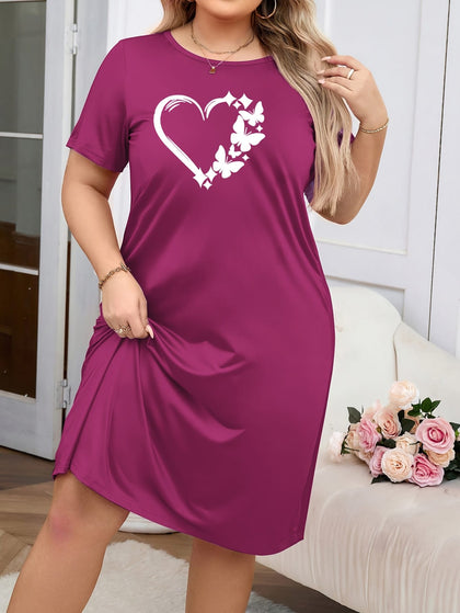 jkthpu-45 [Heart Print Comfortable Nightgown] Plus-Size Women's Nightgown - Heart Print Round Neck Short Sleeves Casual Comfortable T-Shirt Style Dress