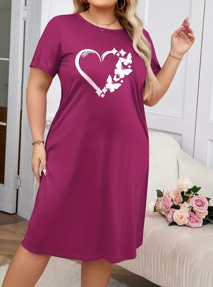jkthpu-45 [Heart Print Comfortable Nightgown] Plus-Size Women's Nightgown - Heart Print Round Neck Short Sleeves Casual Comfortable T-Shirt Style Dress